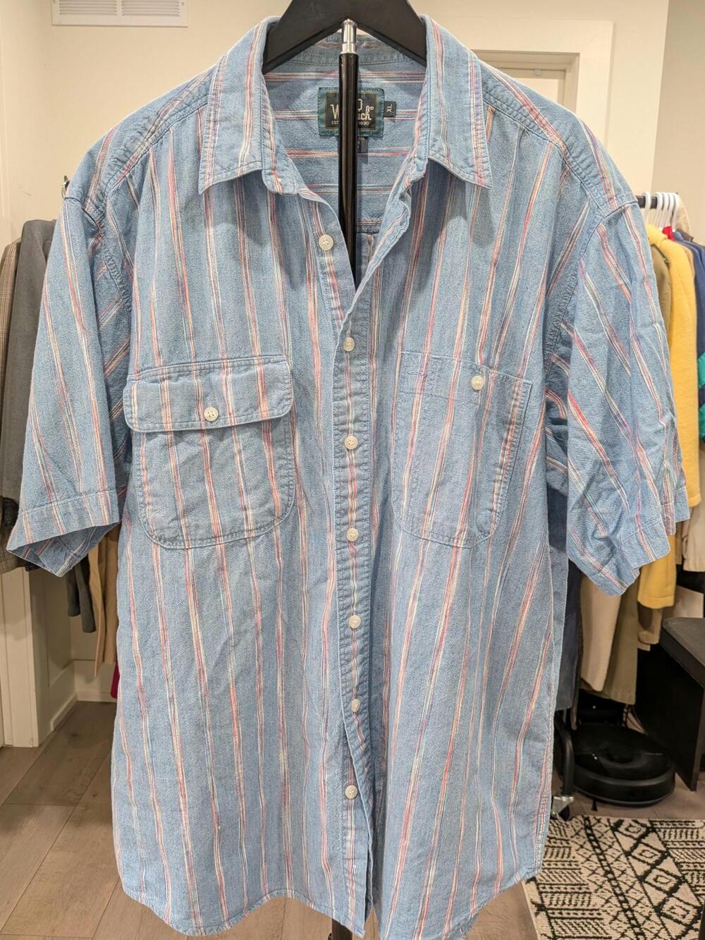 Vintage Woolrich Striped Chambray Cotton Camp Shirt Mens XL